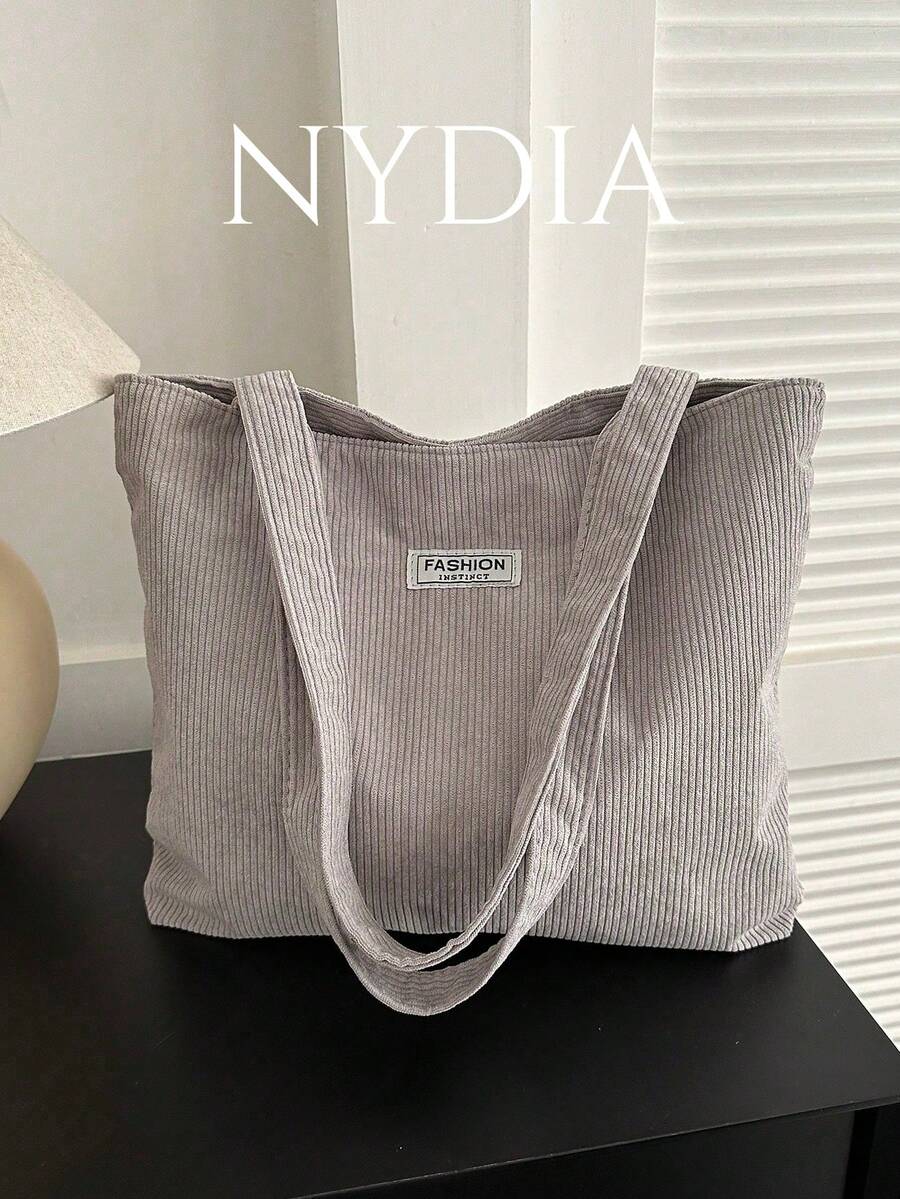 1pc Corduroy Solid Color Shoulder Tote Bag, Simple Casual Label Decor Storage Bag, Tote Bags For Students, Multiple Compartments, Perfect For Beach, School, Work & Daily Use, Literary School Bag & Book Bag For Women Or Students, Perfect For Books, Shopping, School Bag, School Handbag, Large Capacity, Lightweight, Portable, Foldable, Classic Casual , Beach Bag