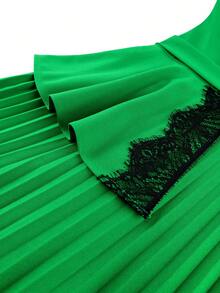 女士大码优雅绿色褶裥A字裙摆连衣裙，蕾丝边饰，春季七分袖中长款端庄周日连衣裙 - 綠色 - 查看 7