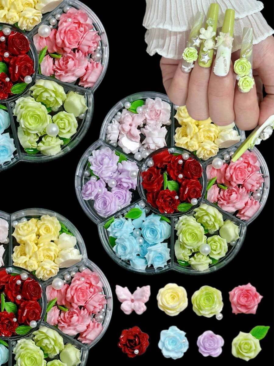 1盒随机混合树脂彩色玫瑰软花美甲饰品 3D双层蝴蝶绿叶仿珍珠美甲护理工具镊子笔可爱美甲配件 DIY美甲用品 - 彩色 - 查看 1