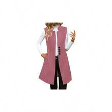 Chaleco largo de lana para mujer, chaqueta sin mangas, abrigo de otoo e invierno, con botones, para negocios, casual, con bolsillos - A1- rocío + M - Ver 1