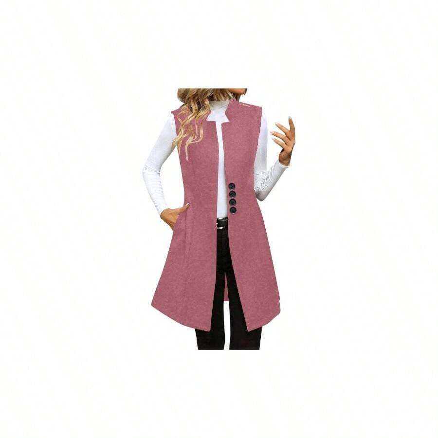 Chaleco largo de lana para mujer, chaqueta sin mangas, abrigo de otoo e invierno, con botones, para negocios, casual, con bolsillos - A1- rocío + M - Ver 1