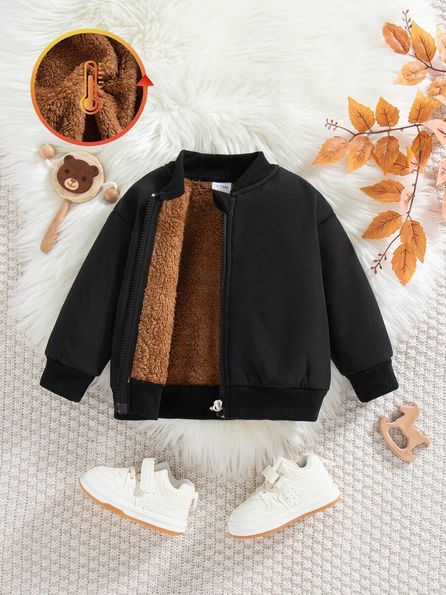 男婴休闲拉链长袖抓绒外套，纯色，适合外出，秋冬季