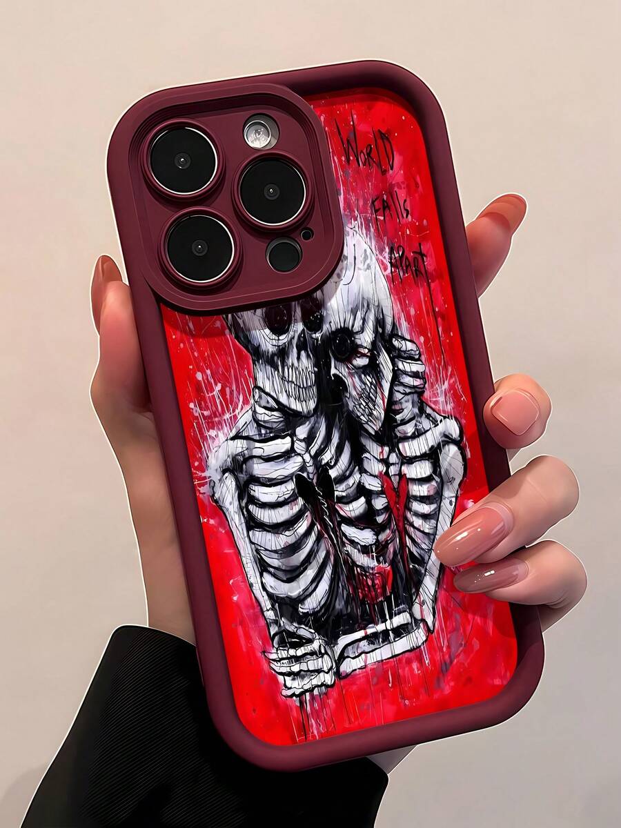 Funda para teléfono con diseño de esqueleto abrazando, fondo rojo, compatible con teléfonos ,  17,  16 Pro Max,  15 Pro Max,  13 y  12. Fabricada en TPU, ofrece protección contra golpes y caídas. Un regalo ideal para familiares, amigos, seres queridos, parejas y Navidad. - Rojo - Ver 1