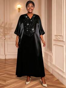 Elegant African Dress With V Neck Batwing Sleeves And Contrast Sequin Black Detail Long Woven Fabric Gown - Black - View 1