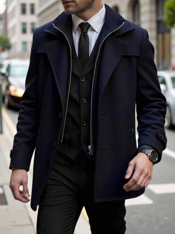 Veste homme à col montant simple boutonnage, double couche avec fermeture éclair frontale 2 en 1, convient pour le casual, les affaires, les déplacements en automne/hiver, cadeau pour le petit ami/père