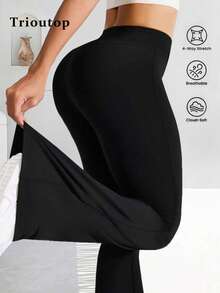 Trioutop 女士高腰压缩紧身裤 - 喇叭形瑜伽裤，适合跑步和训练 | 女士下装，女士紧身裤 - 黑色 - 查看 5