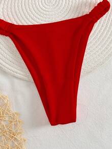 PEPPERMOLLY New Solid Color Soft Strap Pleated Sexy Bikini Set, Ladies Fashion Beachwear Swimwear For Summer Vacation Red - Red - View 6