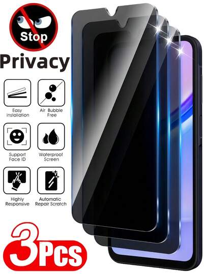 3片装防窥钢化玻璃膜，无气泡，易贴，耐用【不支持指纹解锁】兼容/三星Galaxy/小米/红米/华为/荣耀/POCO全覆盖防窥屏保护膜，超清正面显示，侧边隐私保护，触感顺滑，防刮花，防尘，防水，防指纹