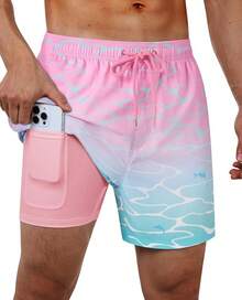 Bañador de hombre con forro de compresión, pantalón corto de baño de 5 pulgadas de entrepierna para hombres - Ondas de agua degradadas en azul y rosa - Ver 11