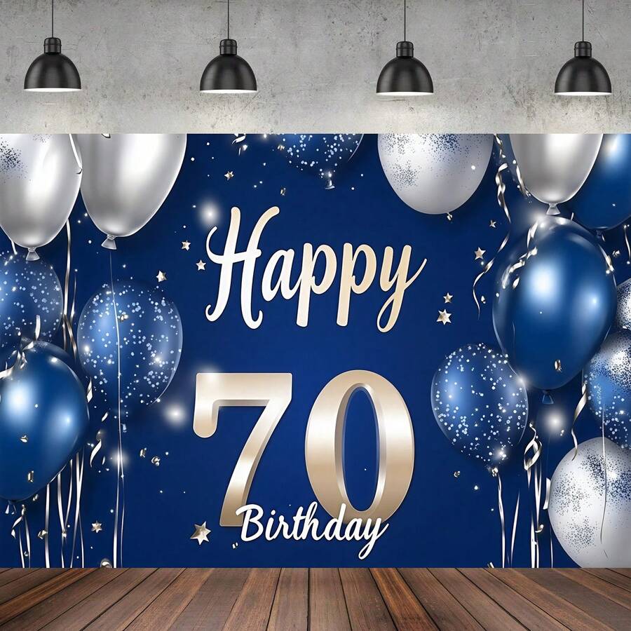 一款优雅的蓝银色70岁生日派对横幅背景布，饰有气球、星星和雪花图案设计，非常适合生日派对装饰、蛋糕桌装饰、家居或房间装饰、拍照背景和生日派对用品。 - 彩色 - 查看 1