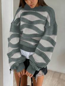 FOR BEAUTY 秋冬新款圆领波浪条纹撞色长袖针织衫，女士时尚宽松舒适多巴胺色灯笼袖套头毛衣，女士新年毛衣 - 碳灰 - 查看 4