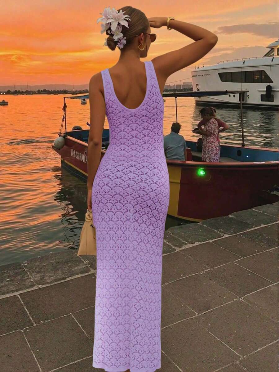 FOR BEAUTY Spring And Summer New Purple V-Neck Backless Sleeveless Knitted Women's Sweater Sun Dresses For Women, Slightly Transparent Thin Design, Sexy Music Festival Honeymoon Wedding Season Beach Vacation Style Hollow Out Long Sun Dress New Year
