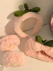 4pcs/Set Cute Pink Peach Plush Headband, Facial Mask Headband, Non-Slip Hair Accessories Women Hair Band Spa Facial Washing Head Scarf Bath Makeup Sweatband - Pink - View 9