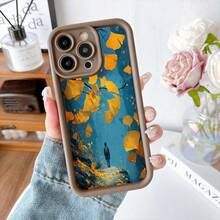Cubierta de teléfono con borde protector color gris oscuro diseño de hojas amarillas y figura solitaria en camino azul para uso diario y viajes - Negro - Ver 5