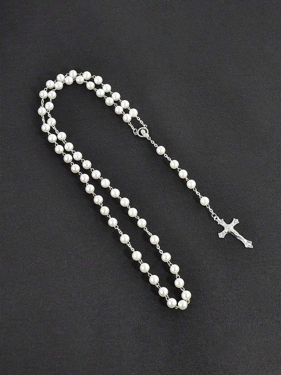 1pc Minimalist Fashion Faux Pearl Cross Rosary Long Handmade Necklace, Unisex Tassel Sweater Chain - White - View 1