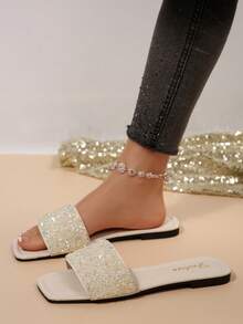 Nuevas sandalias de mujer tipo mule de lujo con punta cuadrada antideslizante, decoradas con cristales y perlas, versátiles para playa y resort, tallas grandes - Beis - Ver 6