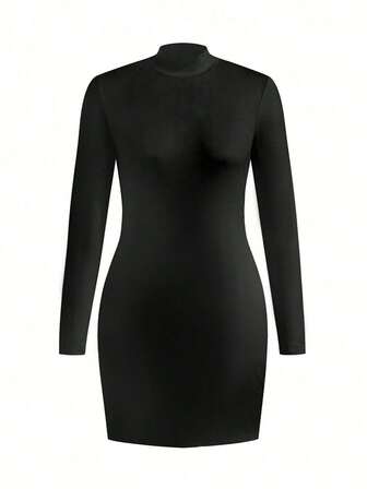 Plusstorlek Dam Casual Enfärgad Minimalistisk Långärmad T-shirt Bodycon Hög Hals Midiklänning, Casual Svart Klänning För Damer