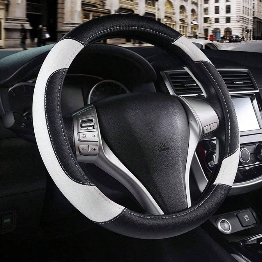 Leather Car Steering Wheel Cover, Non - Slip Car Wheel Cover Protector Breathable Microfiber Leather Universal Fit Most Beige - White - View 1