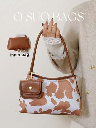 3件套女士单肩包/流浪包，奶牛纹/动物纹，时尚、优雅、个性、百搭、经典，附赠零钱包，适合日常出行、约会、购物、通勤。