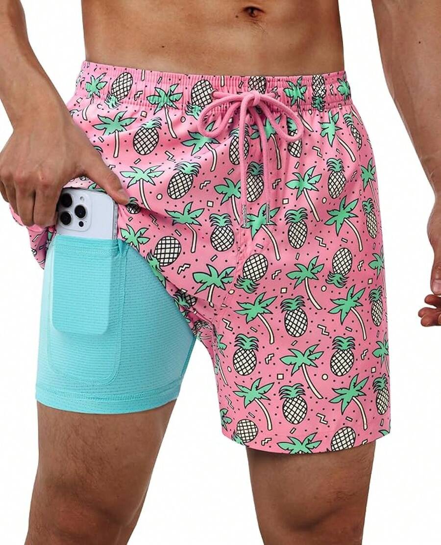 Bañador de hombre con entretela de compresión, pantalón corto de baño forrado para hombres - Piña rosa - Ver 1