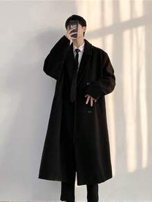 Spring Thick Woolen Coat Men's Mid To Long Length Coat Over The Knee Solid Color Cotton Jacket - 黑色 - 查看 1