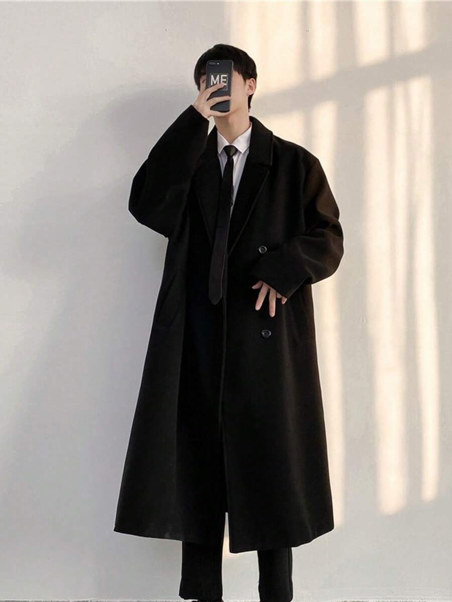 Spring Thick Woolen Coat Men's Mid To Long Length Coat Over The Knee Solid Color Cotton Jacket - 黑色 - 查看 1