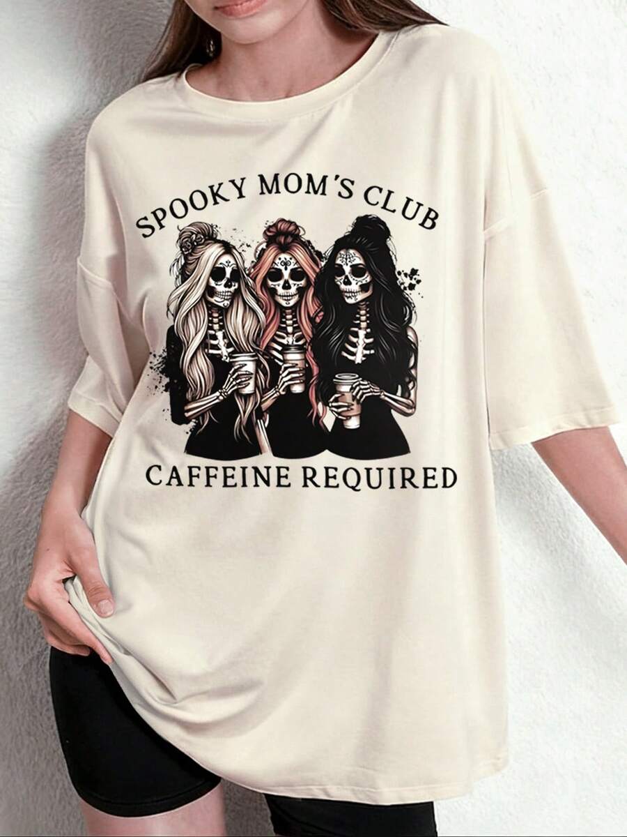 CÂU LẠC BỘ CÁC BÀ MẸ MA QUÁI CẦN CAFFEINE Áo thun in hình cô gái đầu lâu Halloween, Áo thun cổ tròn tay ngắn thường ngày dành cho nữ, Thích hợp cho mùa thu, Ác mộng trước Giáng sinh, Halloween - mai nhẹ - Xem 1