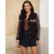 - Chaquetas de mezclilla con lentejuelas para mujer, manga larga, brillante, para, concierto, chamarra de mezclilla elstica con bolsillos - M + negro y oro rosa. - Ver 7