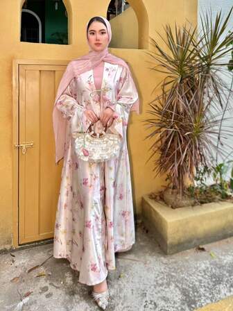 Tulip-Patterned Kimono Two Pieces Set Printed Satin Abaya Set Plus Size Abaya Modest Dress Arabian Women's Clothing