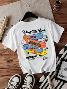 Fashionable Skateboard & Letter Print Short Sleeve Round Neck T-Shirt - White - View 2