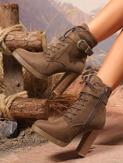 Go With Skirt,Brown High Heel Boots, Stylish Short Sleeve Women Ankle Boots With Double Buckle, Lace-Up High Heels For Women, Autumn/Winter,Boots For Women
