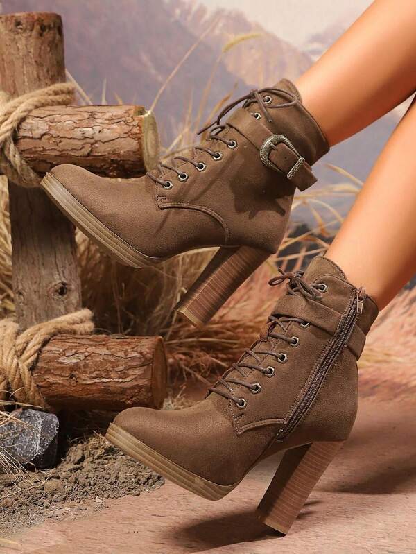 Go With Skirt,Brown High Heel Boots, Stylish Short Sleeve Women Ankle Boots With Double Buckle, Lace-Up High Heels For Women, Autumn/Winter,Boots For Women