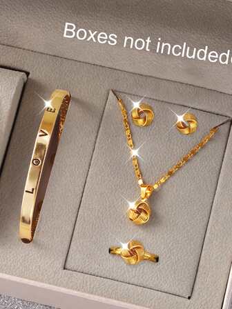 5pcs/Set Women's Bracelet With LOVE Letter Decor, Necklace, Earrings And Ring Jewelry Set, Suitable For Holidays, Birthday Gifts, Valentine's Day