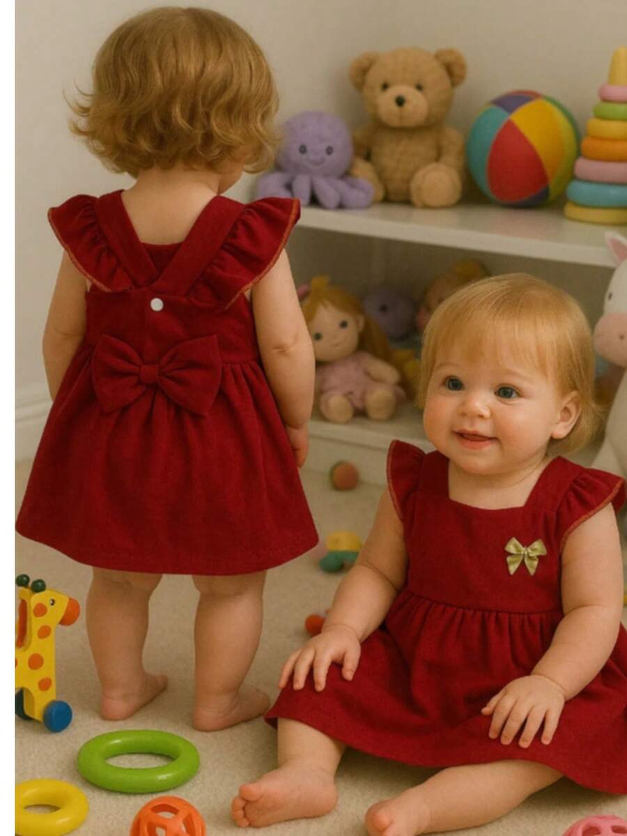 Luxury Baby Girl Party Dress, Sizes 3-6 Months, With Bow In The Front And Back, Full Skirt, Princess Reborn Style. - 紅木色 - 查看 1