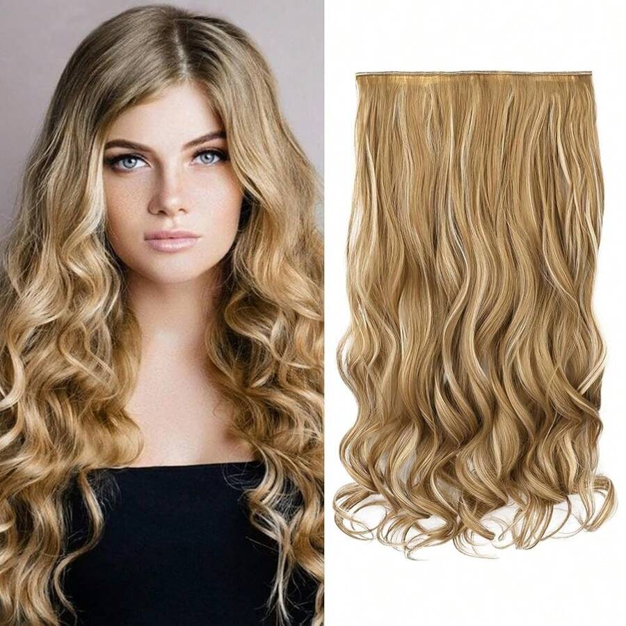 20inch 1-Pack 3/4 Full Head Curly Wave Clips In On Synthetic Hair Extensions HE008 Hair Pieces For Women 5 Clips 4.5 Oz Per Piece - Medium Blonde With Blonde Highlights,MediumBlondewithBlondeHighlights - 中等金色頭髮,帶金色挑染 - 查看 1