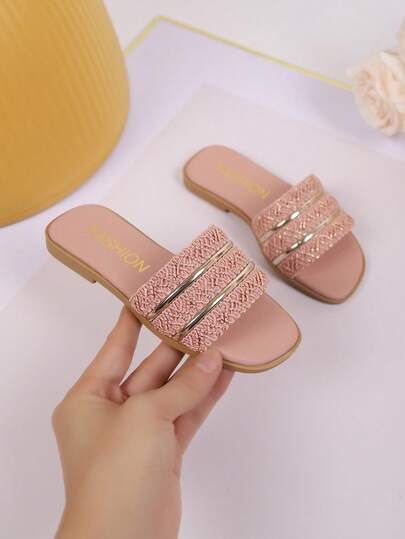 1 Pair Girls' Woven Metallic Strap Sandals - Cute Open Toe Children's Fashion Slides For Everyday Wear And Vacation