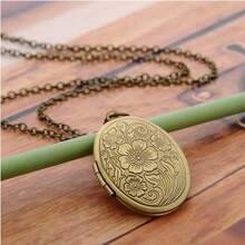Vintage Engraved Flower Empaistic Photo Locket Hold Picture Oval Round Pendant Necklace Antique Carved Pattern Souvenir Memorial Clavicle Sweet Jewelry For Women,Brown - 棕色 - 查看 4