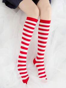 1 Pair Striped Over-The-Knee Christmas Socks, Holiday Performance Knee-High Socks, Knitted Fabric, Suitable For Children Aged 7-14, Great For Holiday Gifts - Multicolor - View 5