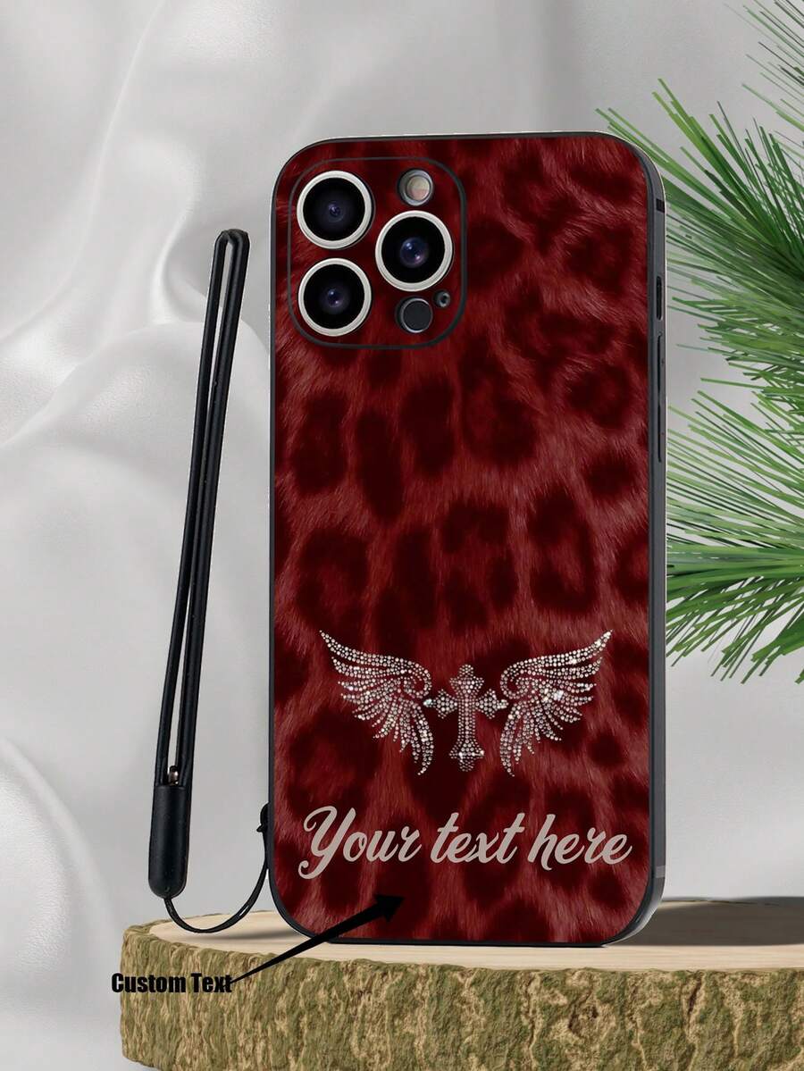 1pc Black TPU Customizable Text, Leopard Print Pattern Shockproof Phone Case And 1pc Black Silicone Lanyard, Compatible With Apple///OPPO/Galaxy Phones - Multicolor - View 1