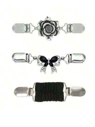ROMWE Kawaii 3pcs Vintage Elastic Shawl Clips, Cardigan Clips, Suitable For Dresses, Pants Back, Waist Cincher, Women Brooch Clips