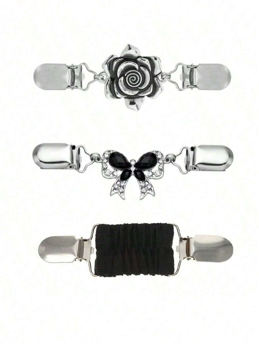 3 Stück Vintage elastische Schal-Clips, Cardigan-Clips, geeignet für Kleider, Hosen Rücken, Taillengürtel, Frauen Broschen-Clips - Verschiedenfarbig - Übersicht 1