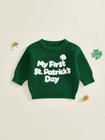 Infant Baby Irish Knit Sweater Fashionable Letters, Shamrock Embroidery Crew Neck Long Sleeve Tops