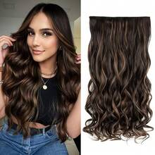20inch 1-Pack 3/4 Full Head Curly Wave Clips In On Synthetic Hair Extensions HE008 Hair Pieces For Women 5 Clips 4.5 Oz Per Piece - Chocolate Brown With Highlights,ChocolateBrownwithHighlights - 巧克力棕色高光 - 查看 1