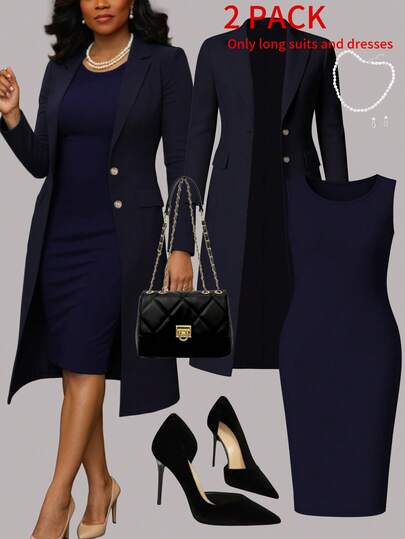 女士优雅两件套，纯色长袖开衫西装外套+无袖中长连衣裙，秋冬春季