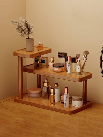 三层桌面化妆品收纳架，多功能储物架，可收纳口红、化妆品、香水、珠宝和工艺品——适用于家居、卧室、厨房或客厅装饰。奢华梳妆台、香水和珠宝架，优雅竹制表面，质感自然。