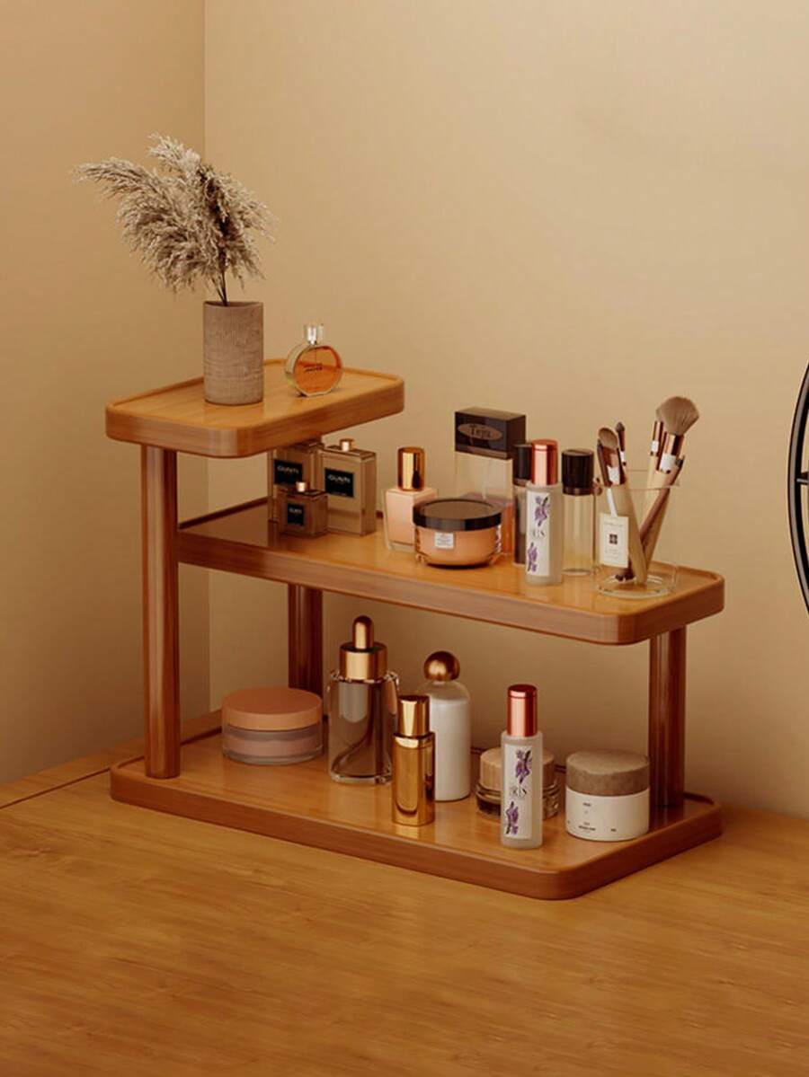 三层桌面化妆品收纳架，多功能储物架，可收纳口红、化妆品、香水、珠宝和工艺品——适用于家居、卧室、厨房或客厅装饰。奢华梳妆台、香水和珠宝架，优雅竹制表面，质感自然。