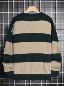 Men's Casual Fall-Winter Large-Sized Multi-Color Wide Stripe Long-Sleeved Round-Neck Sweater - Khaki - View 2