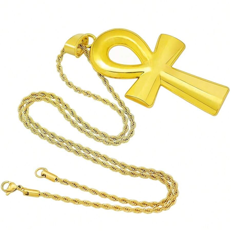 RechicGu Vintage Ancient Egyptian Cleopatra Coptic Sym.Bol Of Life Big Ankh Cross Pendant Long Chain Gothic Necklace,34inch,3DVintageGold - 3D復古金 - 查看 1