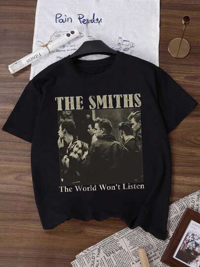 Es Trus, Summer Women's Fun Print Hip-Hop "Portrait Letters" Unique Personalized Pattern Print Street, Korean Comfortable Retro Fashion Commuting Versatile Y2k Clothing Women's Clothing, Suitable For Outdoor Leisure, Regular Niche Punk Style Black Well-Fitting Round Neck Short Sleeve Distressed Women's T-Shirt