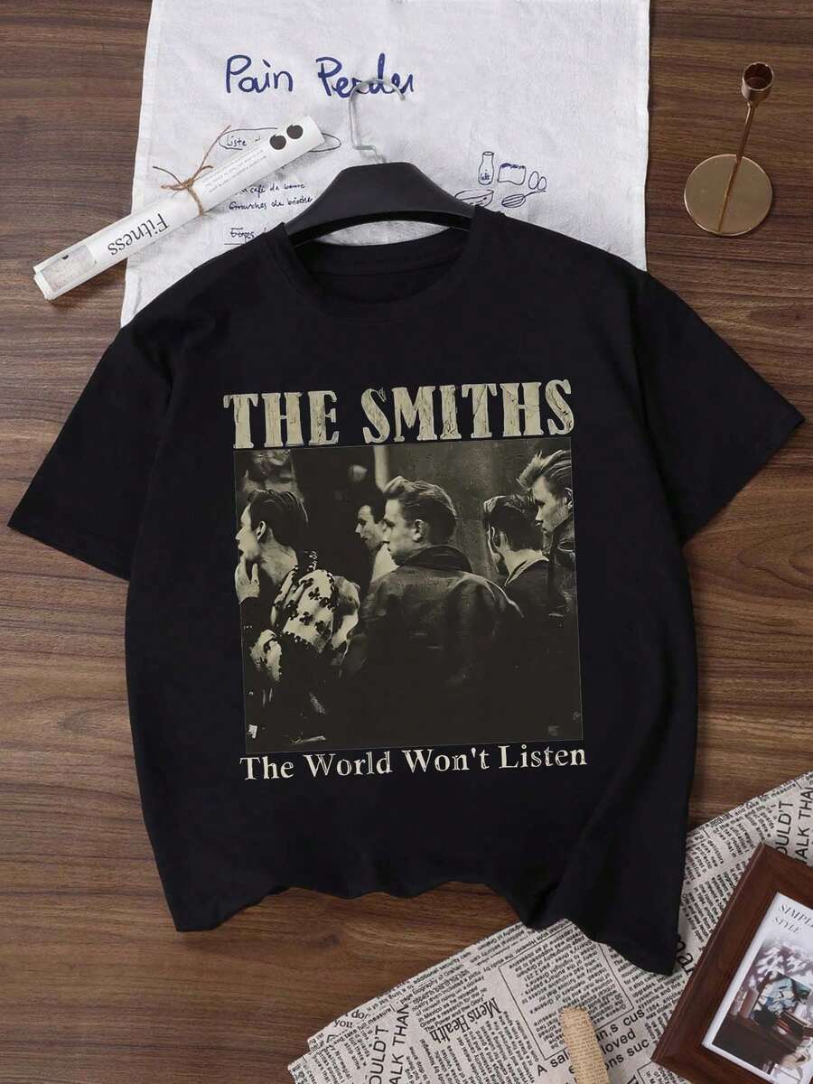 Es Trus, Summer Women's Fun Print Hip-Hop "Portrait Letters" Unique Personalized Pattern Print Street, Korean Comfortable Retro Fashion Commuting Versatile Y2k Clothing Women's Clothing, Suitable For Outdoor Leisure, Regular Niche Punk Style Black Well-Fitting Round Neck Short Sleeve Distressed Women's T-Shirt Casual - Black - View 1